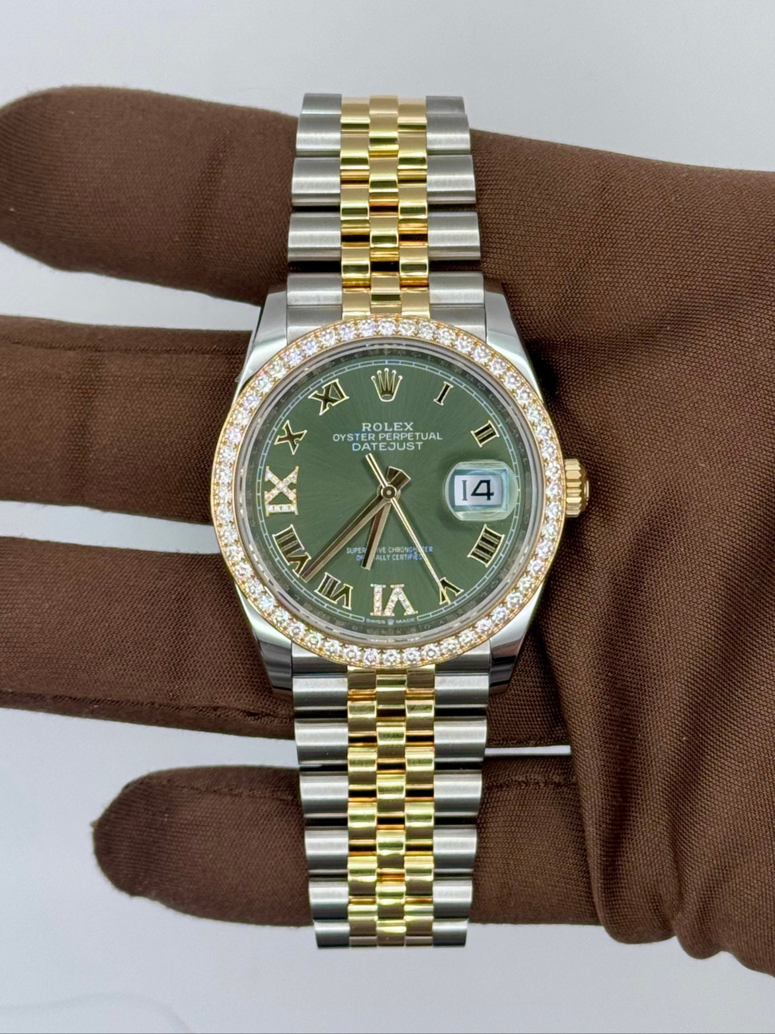 NEW 2025 Rolex YG/SS Datejust Diamond at 6 and 9 Green 36mm