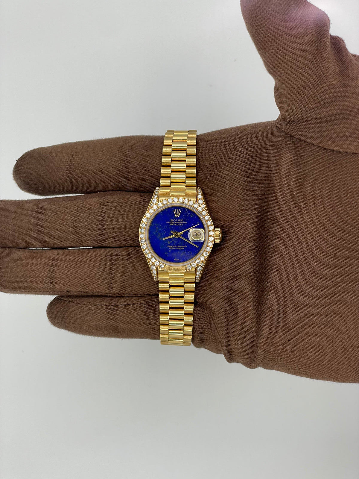 1980s Rolex Lady-Datejust 26mm Crown Collection Yellow Gold Lapis Dial 69158