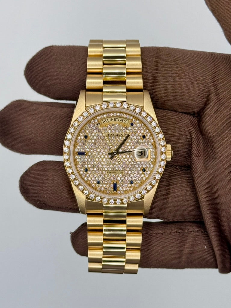 VERY RARE Rolex YG Day-Date with Factory Pave Diamond with Sapphires 36mm 18348