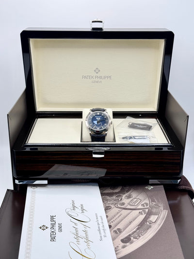 2025 Patek Philippe Complications Annual Calendar Moon Phases Blue Baguette Diamond 38mm White Gold 5396G-017