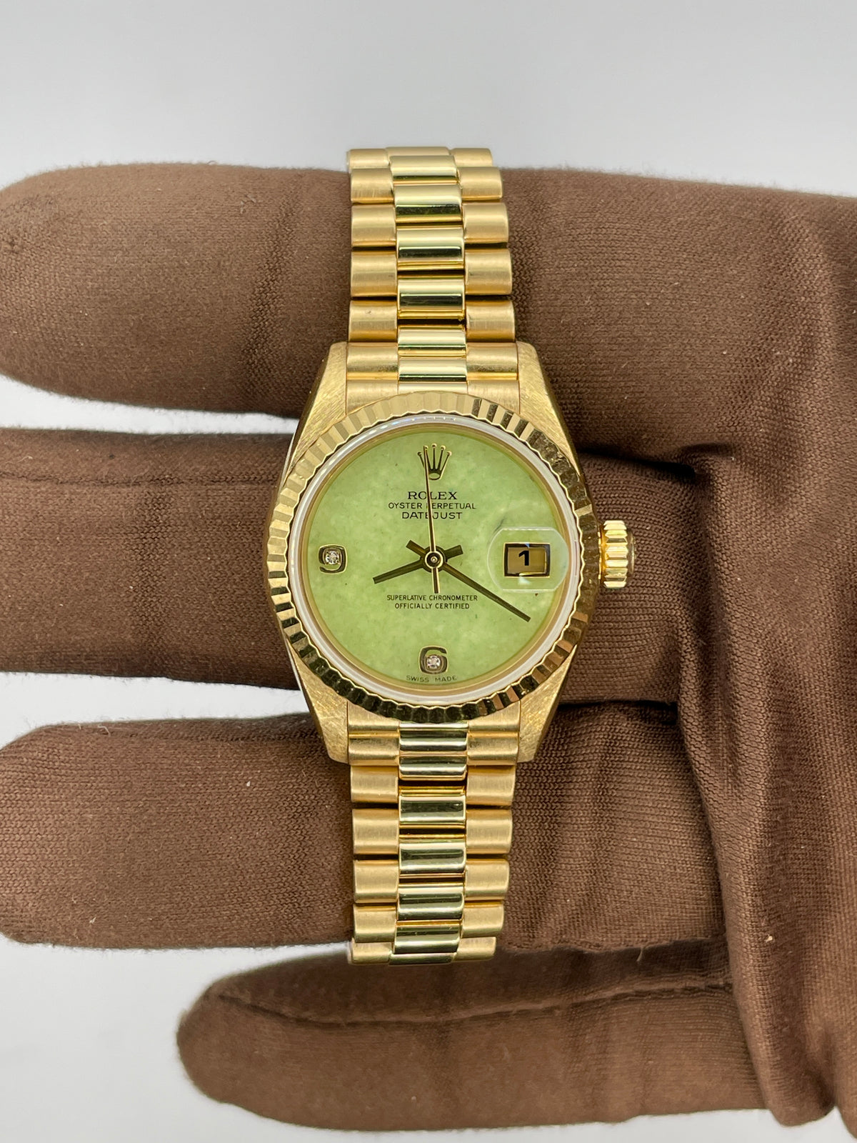1999 Rolex Datejust Jade "Kiwi" Stone Dial 26mm Yellow Gold 79178