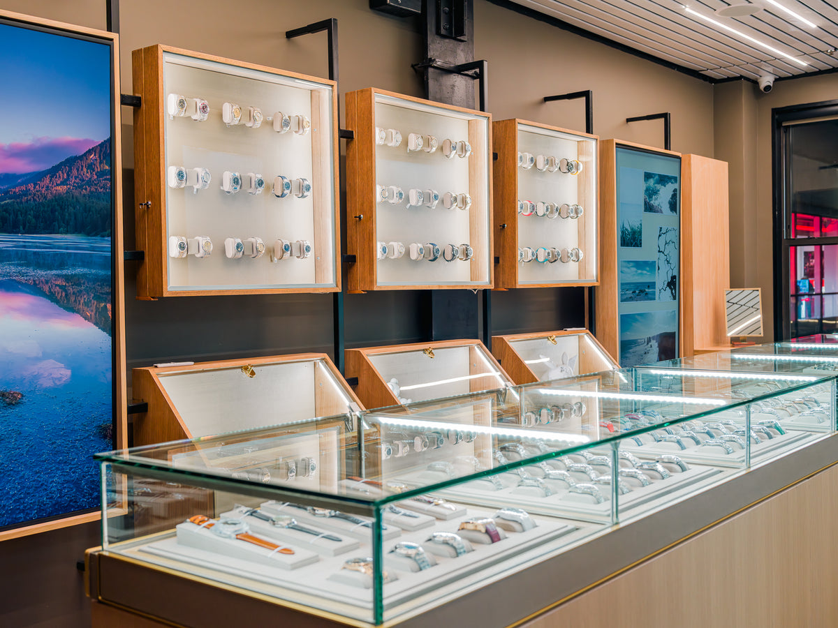 Inside the Reference in Time showroom: wall displays and glass cases of watches