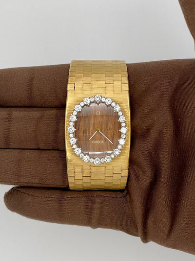 1970 Omega Wood Dial 29 x 32mm Yellow Gold Wide 1970s
