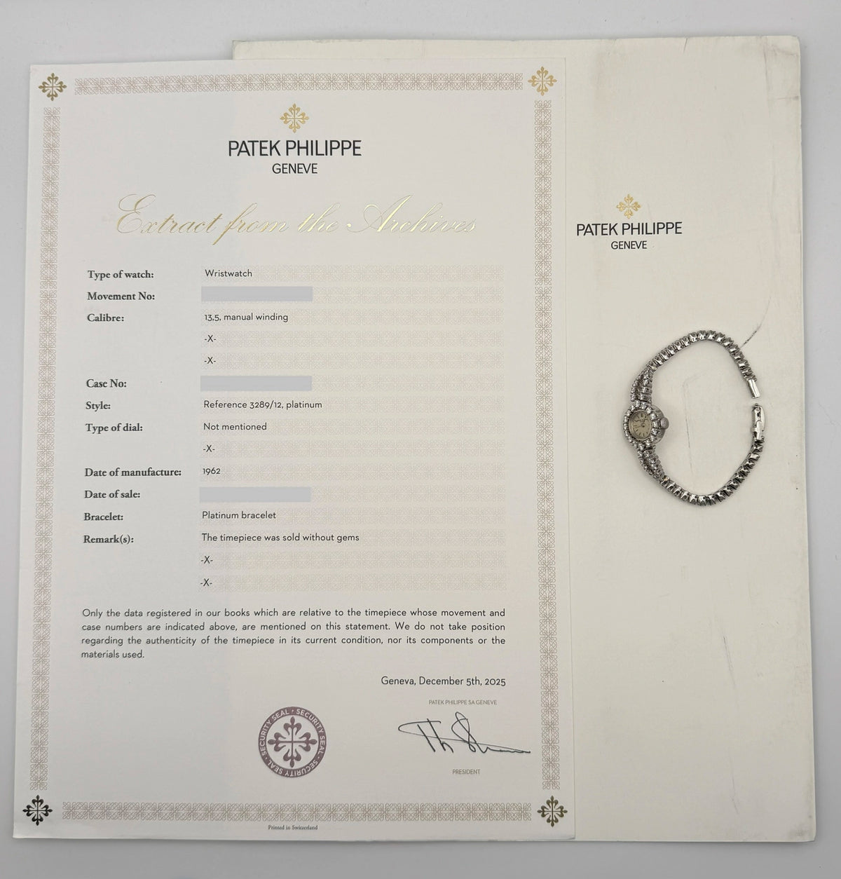 1962 Patek Philippe Ladies Diamond Platinum Bracelet Watch Archive Papers 12mm Platinum 3289/12