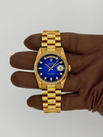 1990 Rolex Day-Date Blue Vignette Diamond Dial 36mm Yellow Gold 18238