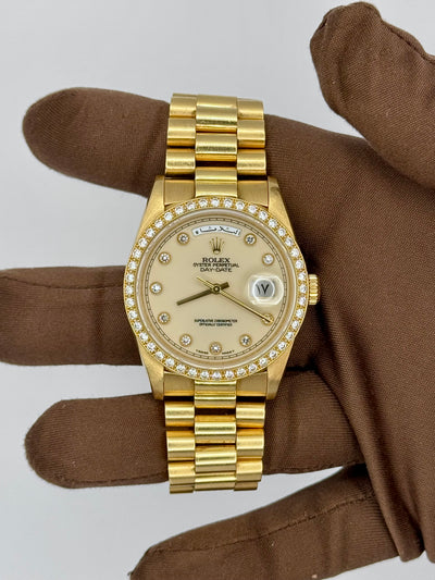1990 Rolex Day-Date Enamel Diamond Pinball Dial Arabic Day and Date 36mm Yellow Gold 18348
